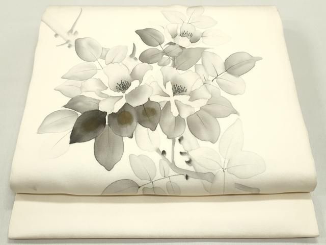 平和屋着物 塩瀬 九寸開き名古屋帯 作家物 手描き 枝花文 金彩 正絹 ob