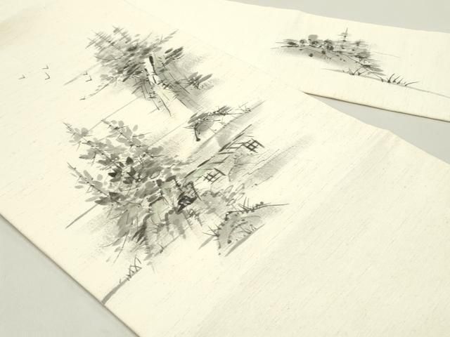 平和屋着物 塩瀬 九寸名古屋帯 作家物 手描き 紬地 風景鳥文 象牙色 正絹 ob