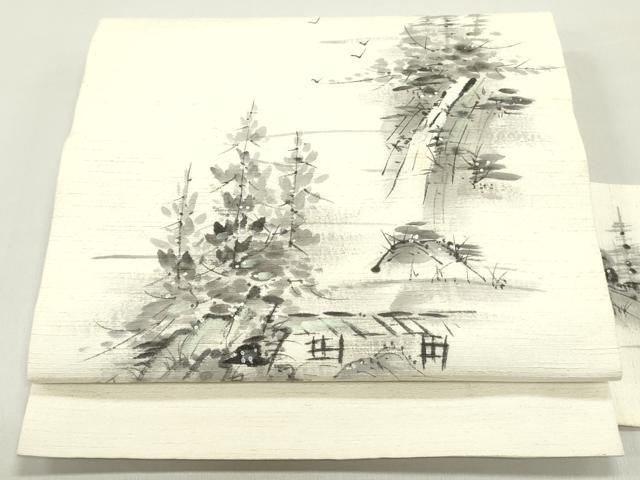 平和屋着物●塩瀬 九寸名古屋帯 作家物 手描き 紬地 風景鳥文 象牙色 正絹 ob