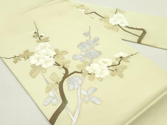 平和屋着物 塩瀬 九寸名古屋帯 手描き 枝桜文 金銀彩 正絹 ob