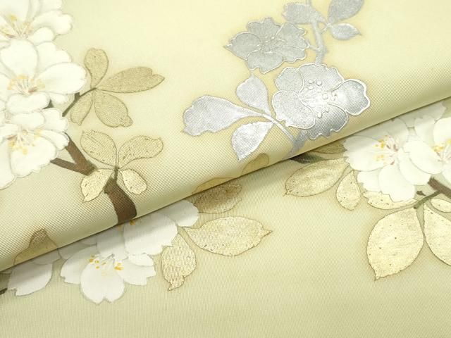  平和屋着物 塩瀬 九寸名古屋帯 手描き 枝桜文 金銀彩 正絹 ob 名古屋帯 帯