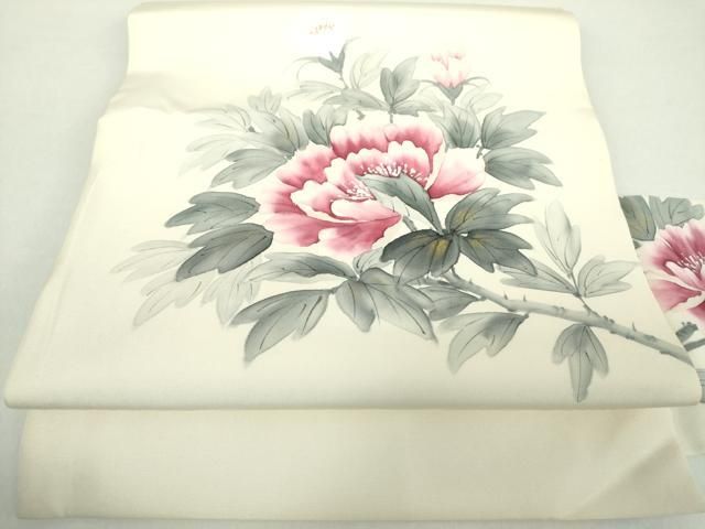 平和屋着物 内山晴祥 手描き 塩瀬 九寸名古屋帯 牡丹文 金彩 正絹 ps
