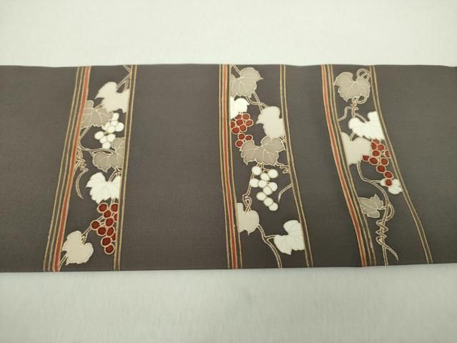 平和屋着物○塩瀬 九寸名古屋帯 葡萄蔦の葉文 金彩 正絹 逸品