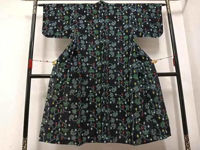 平和屋着物▽久留米絣　単衣　綿　草花文　逸品　AABD0804ph 平和屋着物▽久留米絣 単衣 綿 草花文 逸品 AABD0804ph