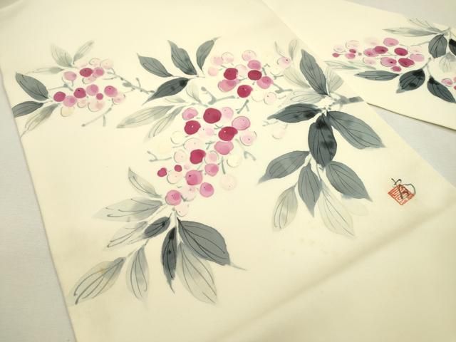 平和屋着物 塩瀬 九寸名古屋帯 作家物 手描き 南天文 正絹 fe