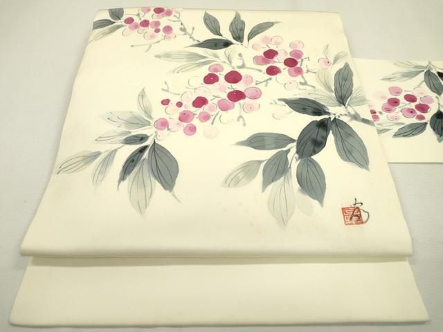 平和屋着物 塩瀬 九寸名古屋帯 作家物 手描き 南天文 正絹 fe