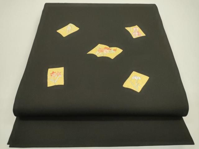 平和屋着物●塩瀬 九寸開き名古屋帯 刺繍 冊子草花文 黒地 金彩 正絹 fe