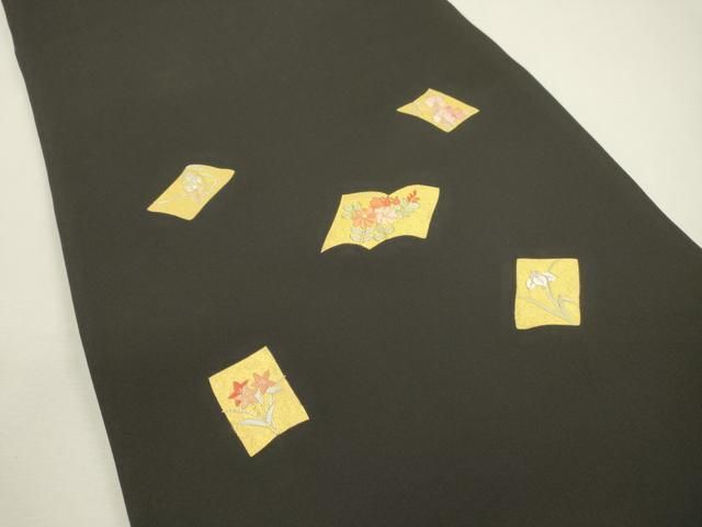 平和屋着物 塩瀬 九寸開き名古屋帯 刺繍 冊子草花文 黒地 金彩 正絹 fe
