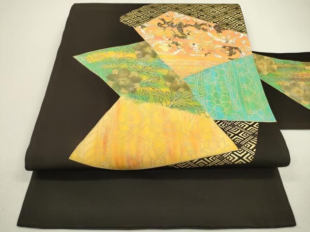 平和屋着物 塩瀬 九寸名古屋帯 切嵌花唐草文 黒地 金銀彩 正絹 fe