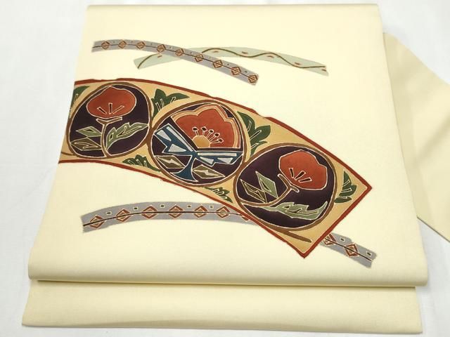 平和屋着物 塩瀬 九寸名古屋帯 枝花丸文 金彩 正絹 hy