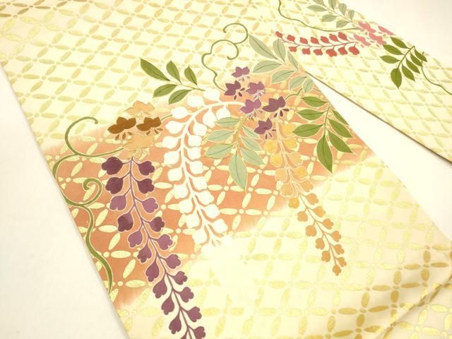 平和屋着物 塩瀬 九寸名古屋帯 駒刺繍 藤花房 金彩 正絹 cm