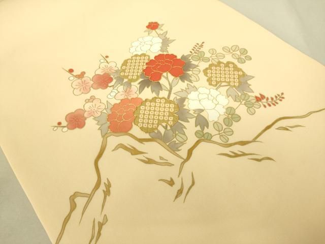平和屋着物 塩瀬 九寸開き名古屋帯 駒刺繍 枝花文 金彩 正絹 du