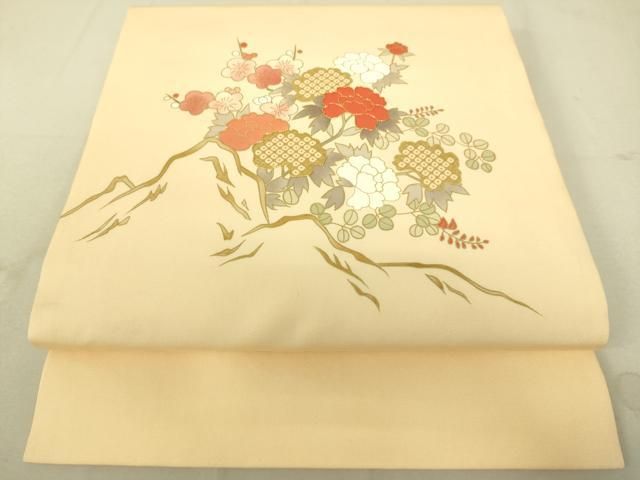 平和屋着物●塩瀬 九寸開き名古屋帯 駒刺繍 枝花文 金彩 正絹 du