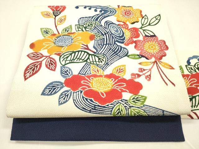 平和屋着物 九寸名古屋帯 型染 流水草花文 鬼しぼ縮緬 正絹 cm