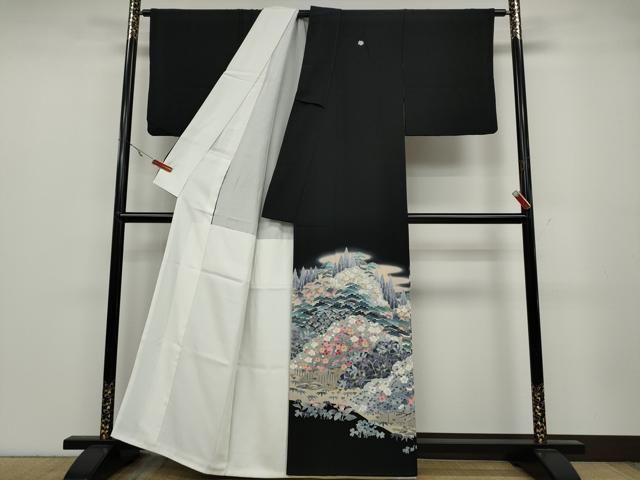 平和屋着物 十日町友禅作家 岡村蒼風 黒留袖 草花文 正絹 ut