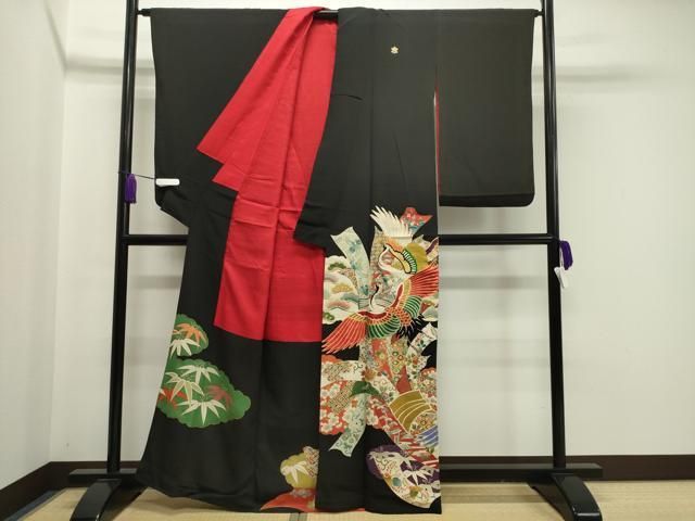 平和屋着物 アンティーク 大正ロマン 黒留袖 駒刺繍 束ね熨斗飛鶴花文 金彩 正絹 gh