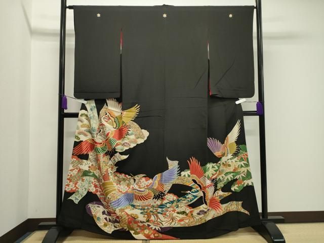 平和屋着物 アンティーク 大正ロマン 黒留袖 駒刺繍 束ね熨斗飛鶴花文 金彩 正絹 gh