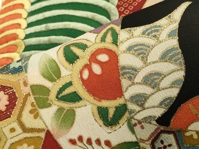 平和屋着物●アンティーク 大正ロマン 黒留袖 駒刺繍 束ね熨斗飛鶴花文 金彩 正絹 gh