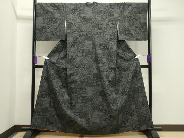 平和屋着物 結城紬 100亀甲 色紙重ね草花文 正絹 gh