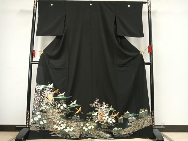 平和屋着物 豪華黒留袖 単衣 御所車花文 鶴 黒地 金彩 ロング丈 正絹 fy