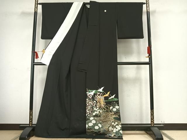 平和屋着物 豪華黒留袖 単衣 御所車花文 鶴 黒地 金彩 ロング丈 正絹 fy