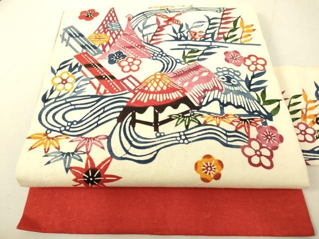 平和屋着物 九寸名古屋帯 紬地 型染 風景花鳥文 正絹 du