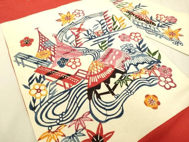 平和屋着物 九寸名古屋帯 紬地 型染 風景花鳥文 正絹 du