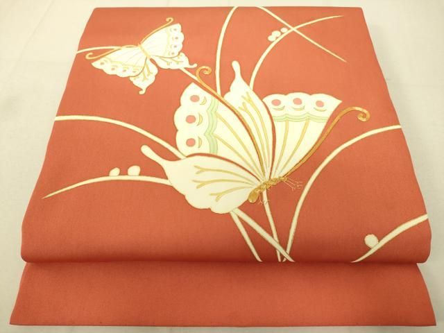 平和屋着物●塩瀬　九寸開き名古屋帯　駒刺繍　舞蝶文　金彩　正絹　逸品　DAAX8420du 平和屋着物○塩瀬 九寸開き名古屋帯 駒刺繍 舞蝶文 金彩