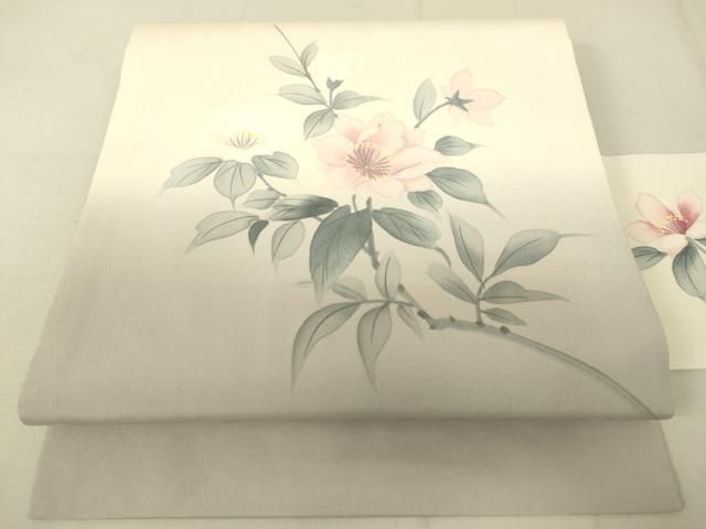 平和屋着物 塩瀬 九寸名古屋帯 手描き 枝花文 正絹 du