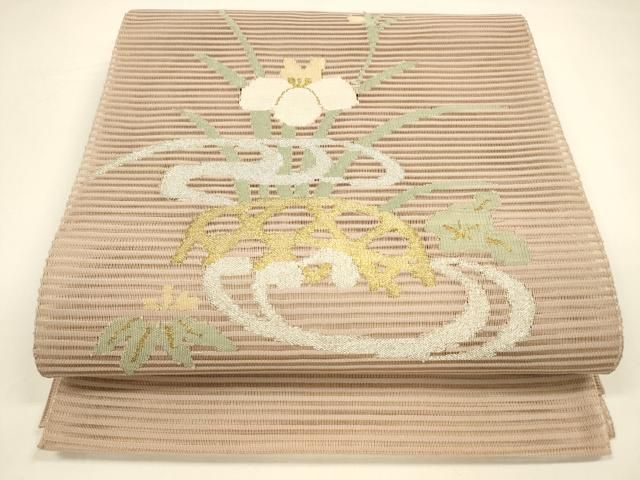 平和屋着物＊夏物　絽綴れ　八寸名古屋帯　流水草花文　金銀糸　正絹　逸品　DAAY8416cm 平和屋着物＊夏物 絽綴れ 八寸名古屋帯 流水草花文 金銀糸 正絹 逸品