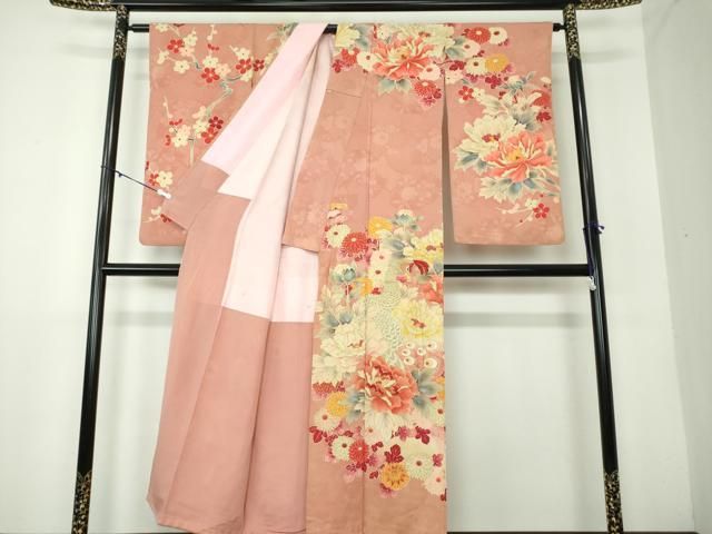 平和屋着物 セミアンティーク 訪問着 駒刺繍 孔雀花文 暈し染め 金彩 正絹 ps