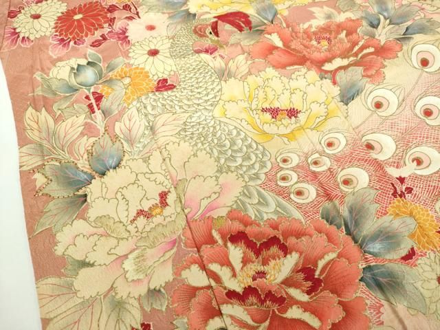  平和屋着物 セミアンティーク 訪問着 駒刺繍 孔雀花文 暈し染め 金彩 正絹 ps その他 着物 浴衣