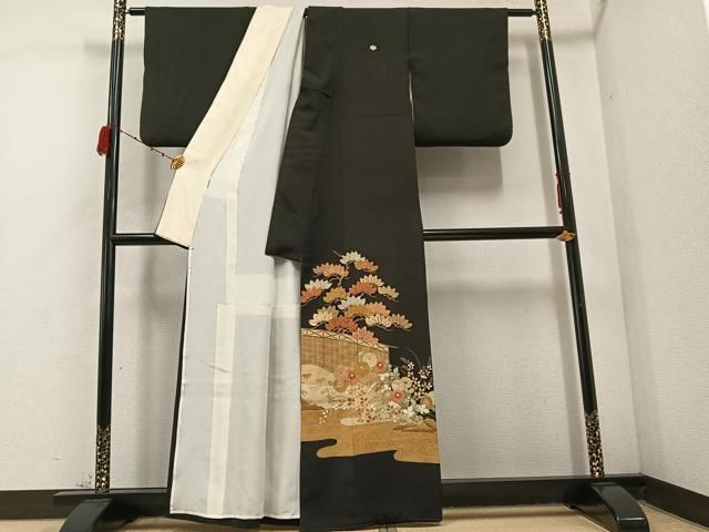 平和屋着物 豪華黒留袖 駒刺繍 枝花文 金彩 正絹 ph