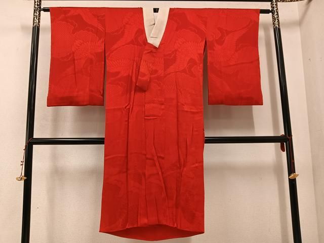 平和屋着物 アンティーク 大正ロマン 長襦袢 袷 群れ鶴地紋 色無地 緋色 正絹 ph