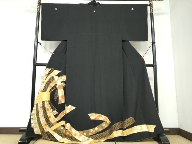 平和屋着物 豪華黒留袖 駒刺繍 束ね熨斗草花文 金彩 正絹 ud