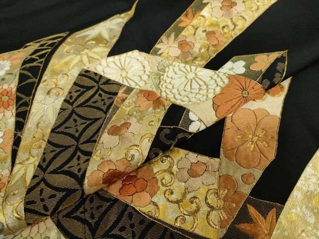  平和屋着物 豪華黒留袖 駒刺繍 束ね熨斗草花文 金彩 正絹 ud 黒留袖 着物