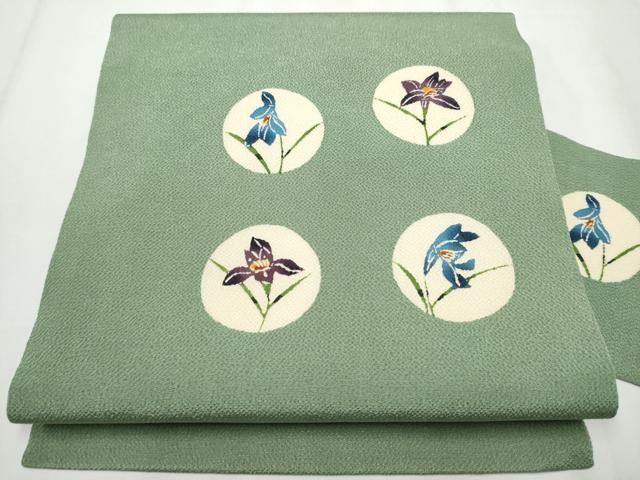 平和屋着物○九寸名古屋帯 型染め 花丸文 鬼しぼ縮緬 正絹 逸品