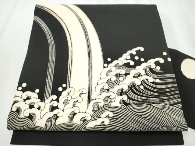 平和屋着物 塩瀬 九寸名古屋帯 駒刺繍 立波文 黒地 銀彩 正絹 hy