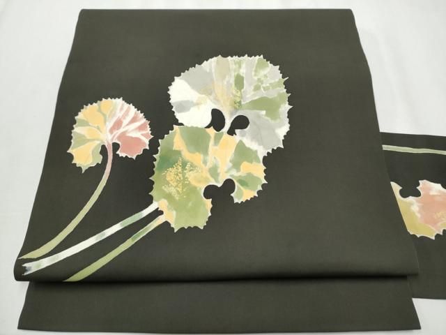 平和屋着物 塩瀬 九寸名古屋帯 作家物 枝葉文 黒地 金彩 正絹 hy