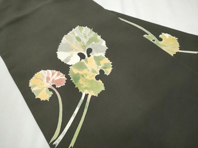 平和屋着物 塩瀬 九寸名古屋帯 作家物 枝葉文 黒地 金彩 正絹 hy