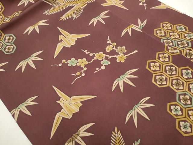 平和屋着物 塩瀬 全通柄 九寸名古屋帯 折り鶴 松竹梅亀甲花文 正絹 hy