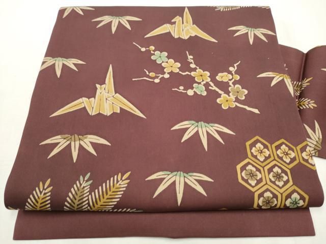 平和屋着物 塩瀬 全通柄 九寸名古屋帯 折り鶴 松竹梅亀甲花文 正絹 hy