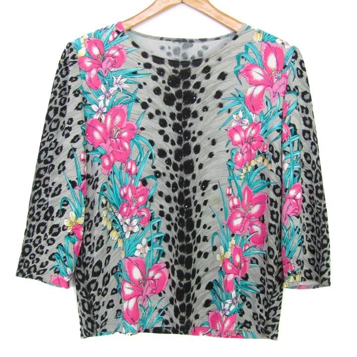 伊太利屋 長袖Tシャツ トップス カットソー 花柄 レオパード柄