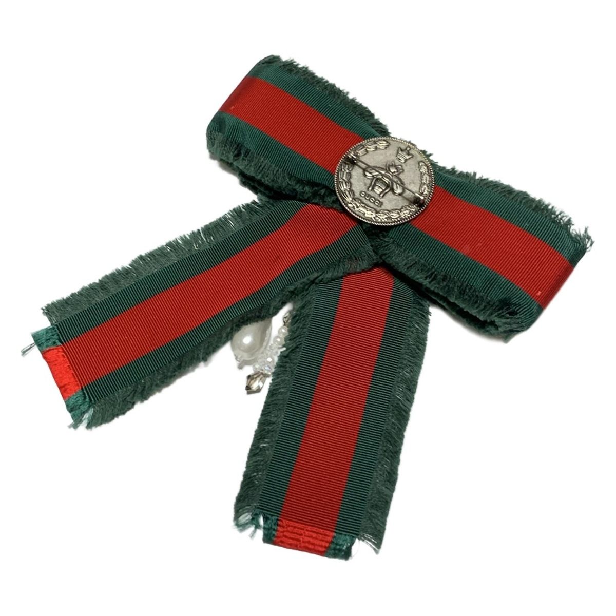 GUCCI(グッチ) ブローチ ウェブリボン ブローチ コットン グリーン