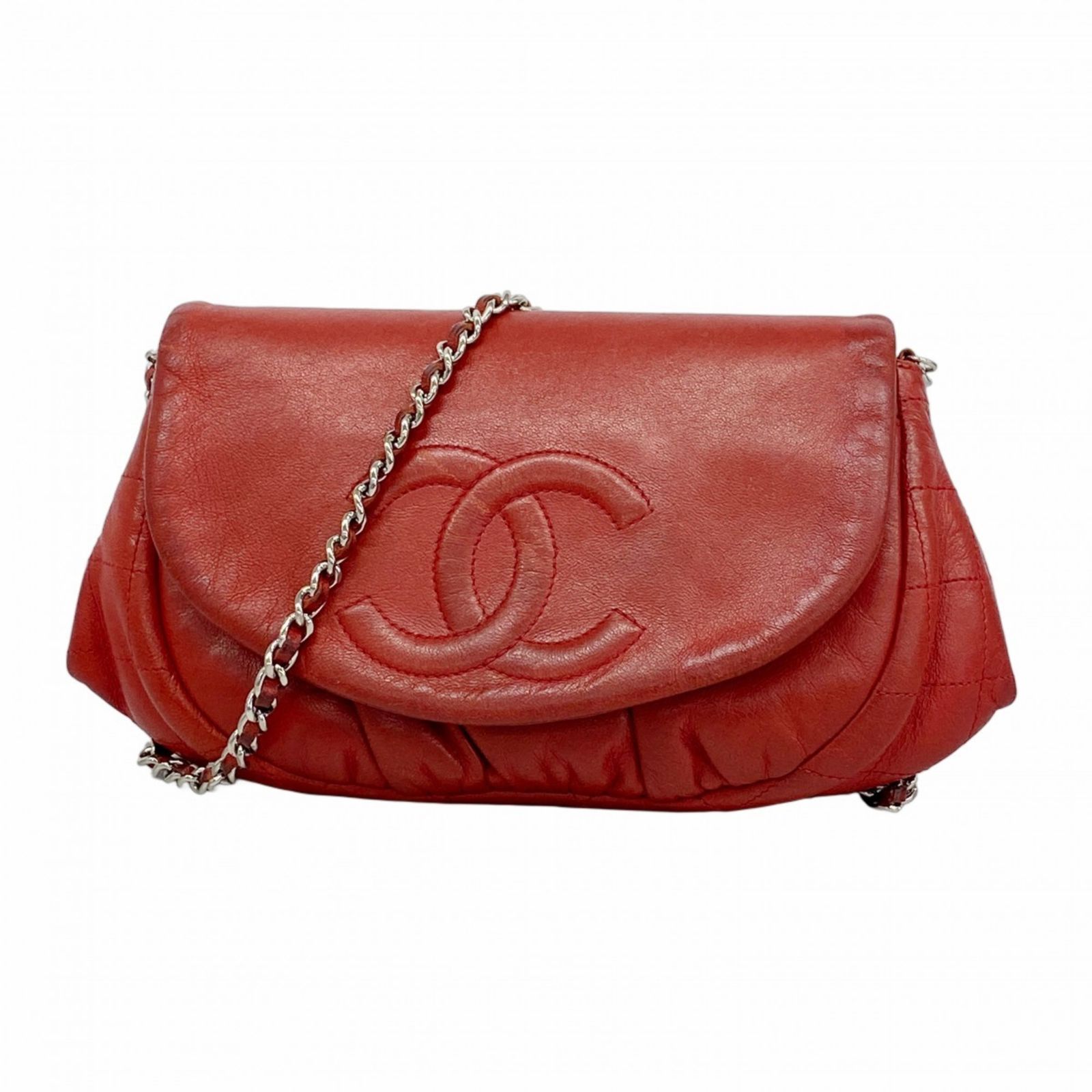 シャネル Chanel ショルダーウォレット マトラッセ チェーンショルダー ラムスキン レッド レディース