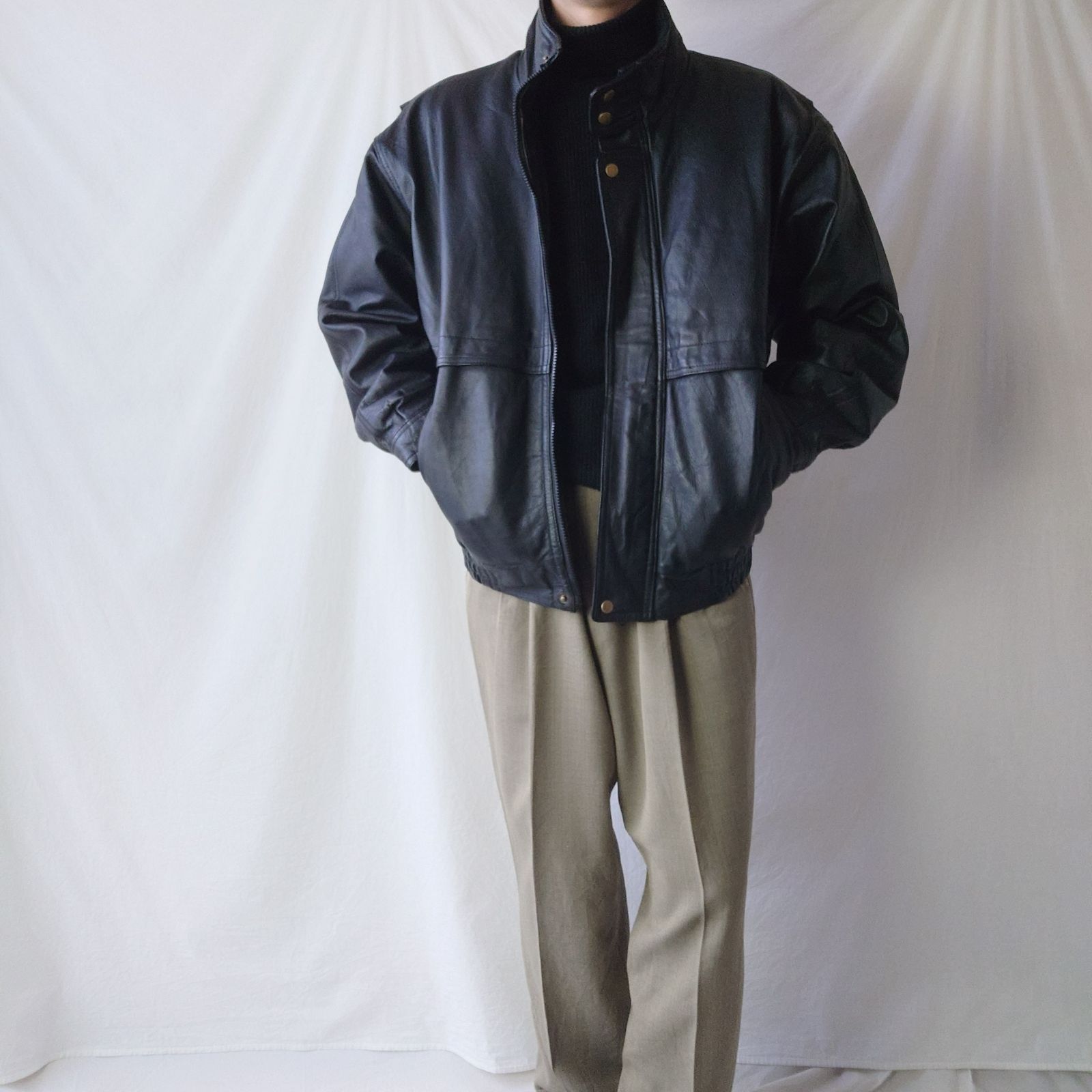 90s vintage leather jacket 短丈レザーブルゾン 黒XL 90s】PELLE CUIR レザージャケット ブラック 黒 短丈 ショート丈