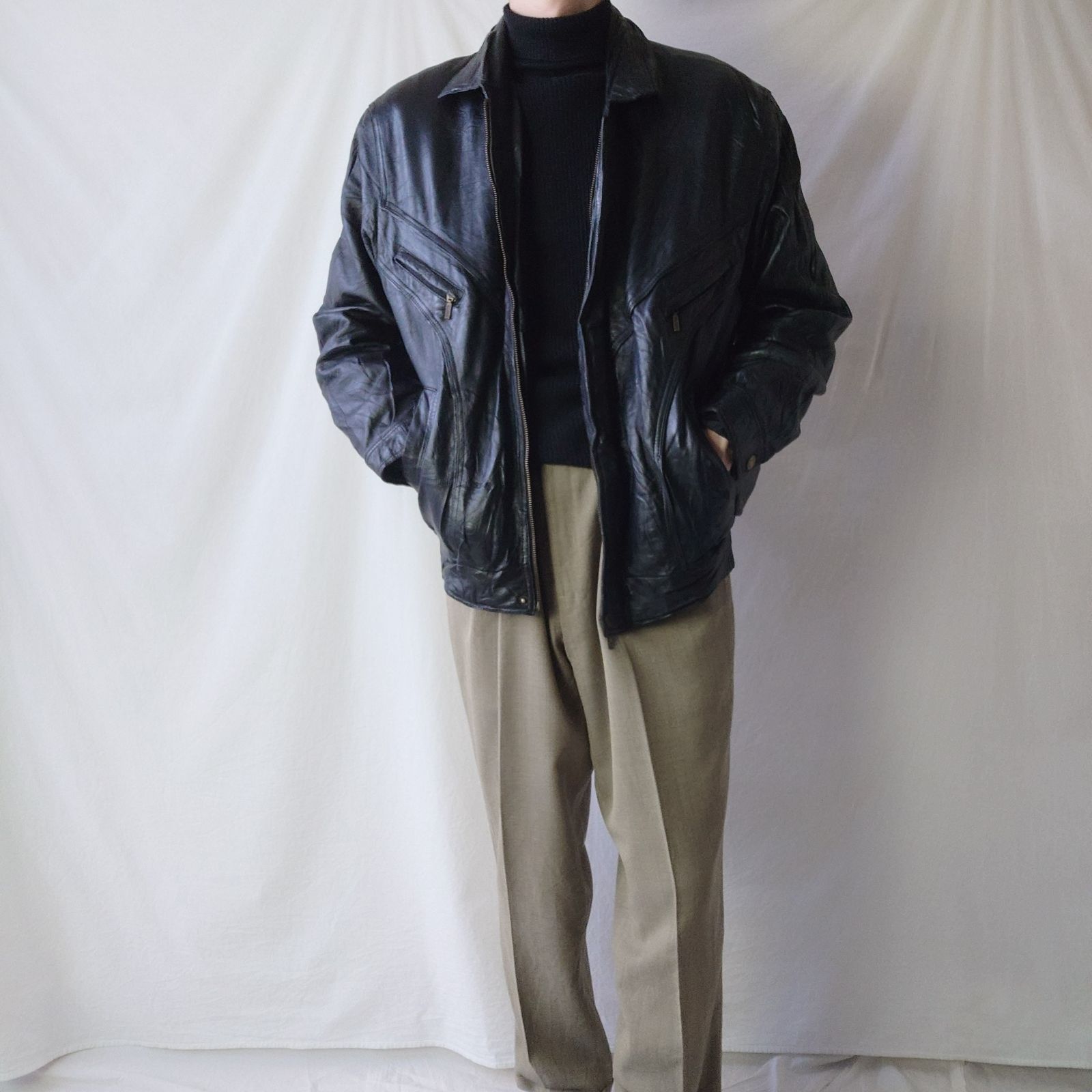 ユーロ古着】レザージャケット ブラック 黒 短丈 ショート丈 ブルゾン