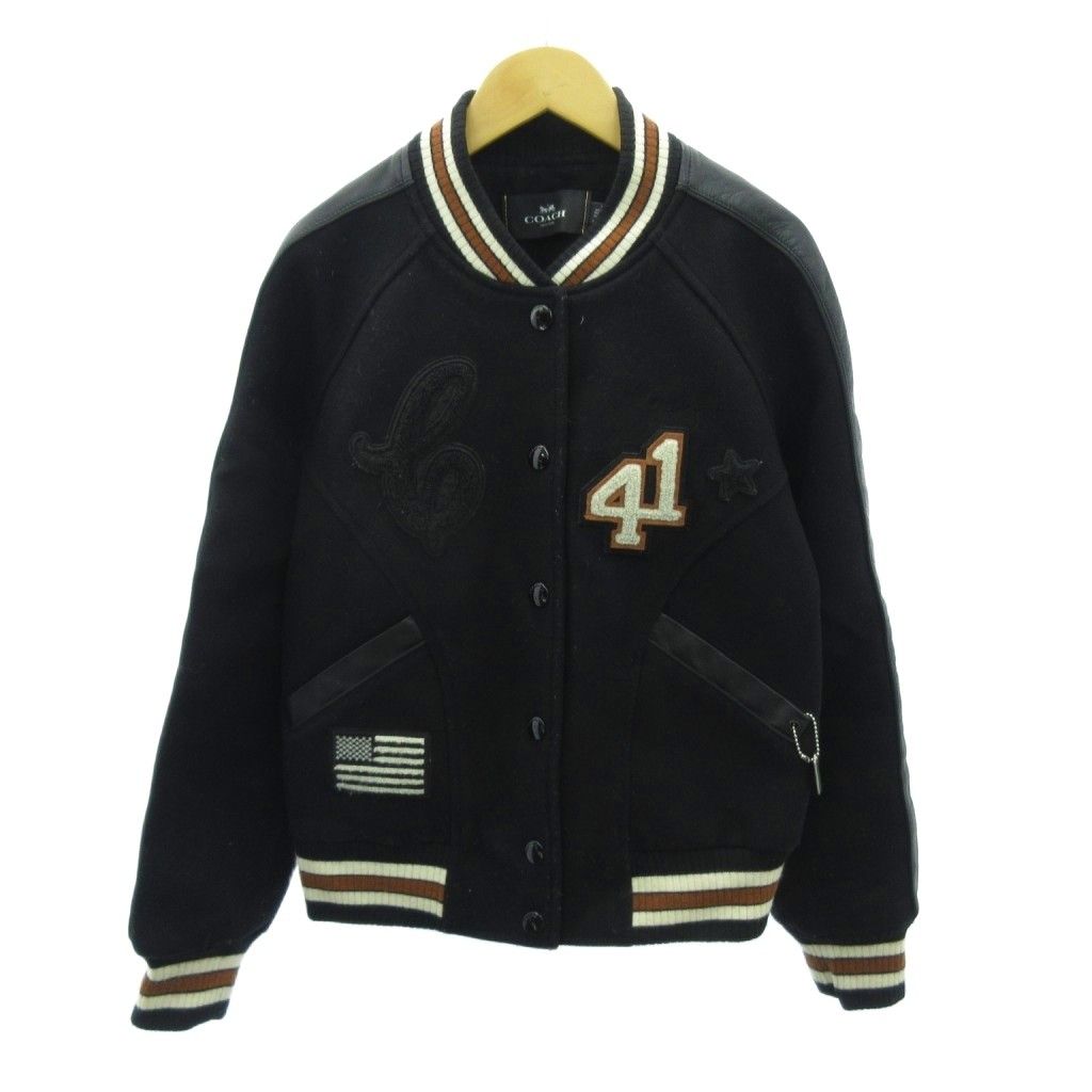 【Acky】COACH スタジャン ワッペン レザー ウール ブラック コーチ COACH スタジャン ブルゾン ワッペン パッチ ウール S 黒
