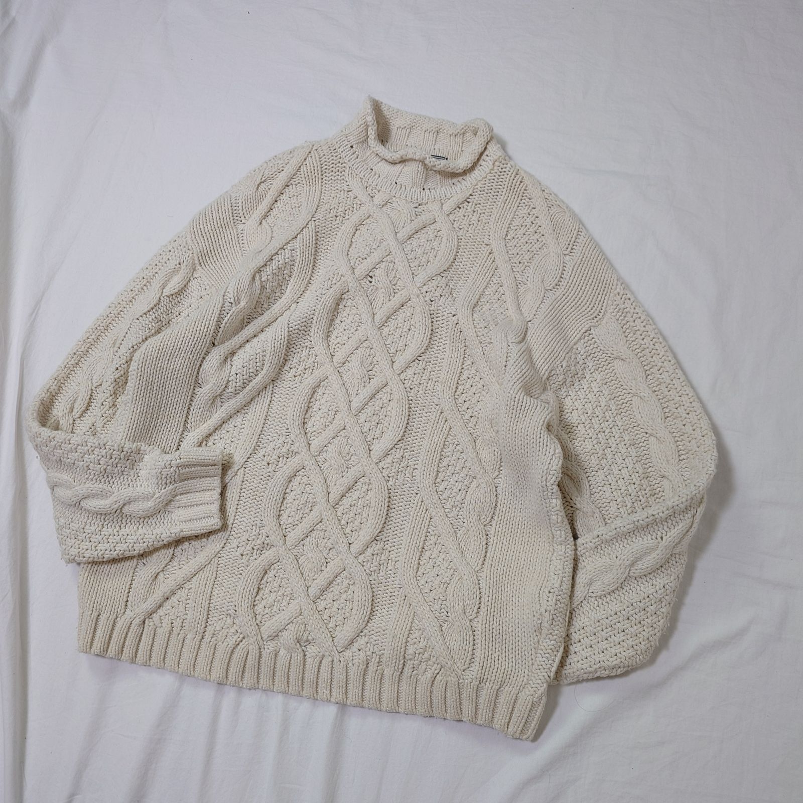 ヨーロッパ古着 アランニット フィッシャーマンセーター 古着 ロールネック モックネック ホワイト ケーブル編み ユーロ古着 ユーロヴィンテージ euro ウールコットン