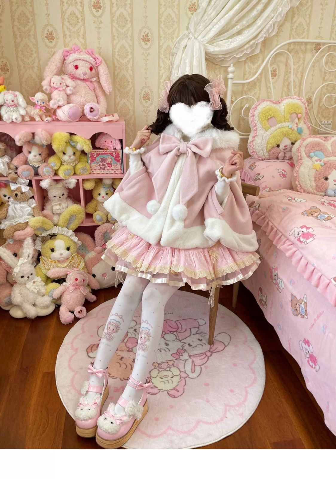 ロリータ 量産型 ピンク ケープ コート ふわもこ ファー リボン
